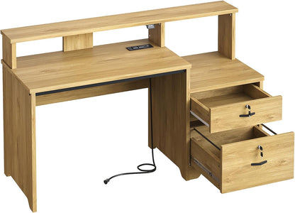 55" Computer Desk with Power Outlets & LED Lights, Home Office Desk with Lockable File Drawer & Printer Shelf, Monitor Stand, Modern Workstation for Gaming Study, Natural Oak