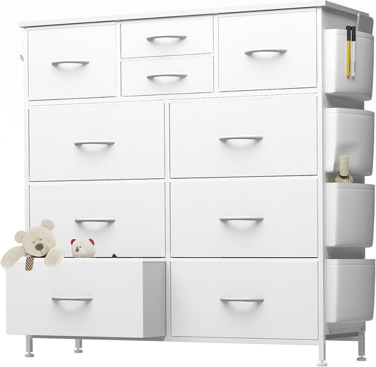 10 Drawer Dresser, Chest of Drawers for Bedroom, PU Dresser with Side Pockets, Hooks, Wooden Top and Sturdy Metal Frame for Living Room, Closet, Hallway (White)