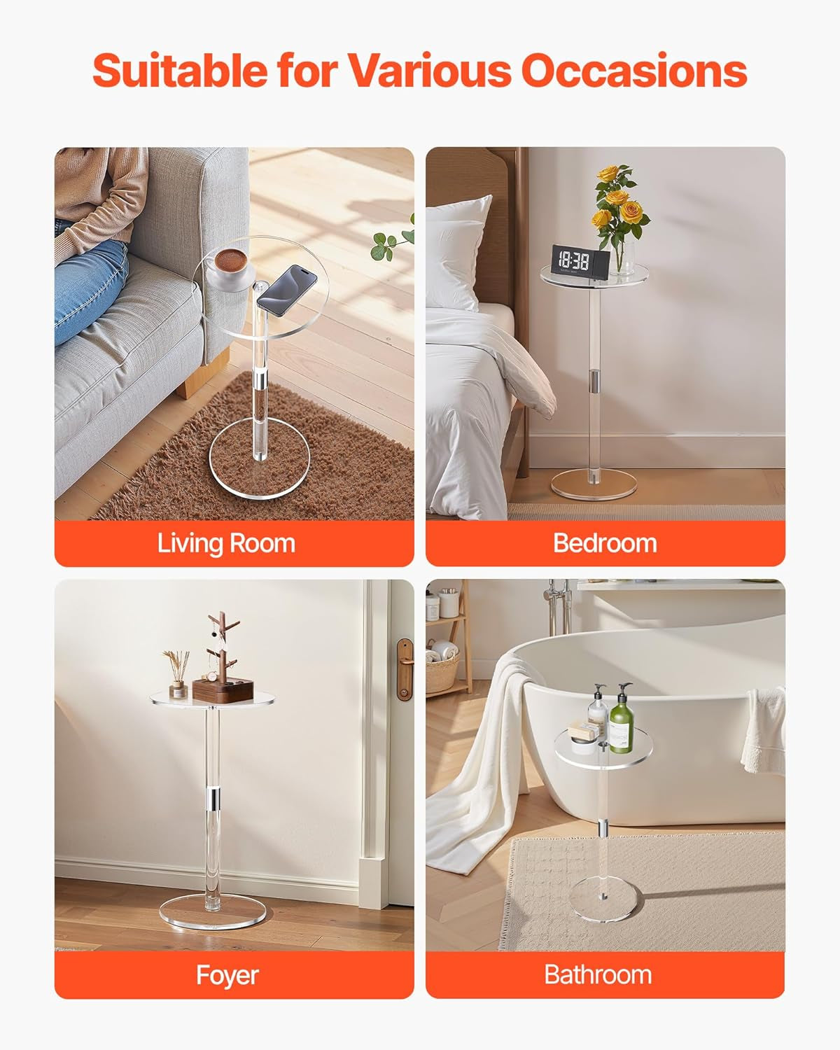 Acrylic Drink Table, Small round Side Table with Solid Post, Modern Clear End Table Transparent Cake Desk for Coffee, Cocktail, Dessert, Snack, Living Room, Bedroom, Bathroom, Easy Assembly