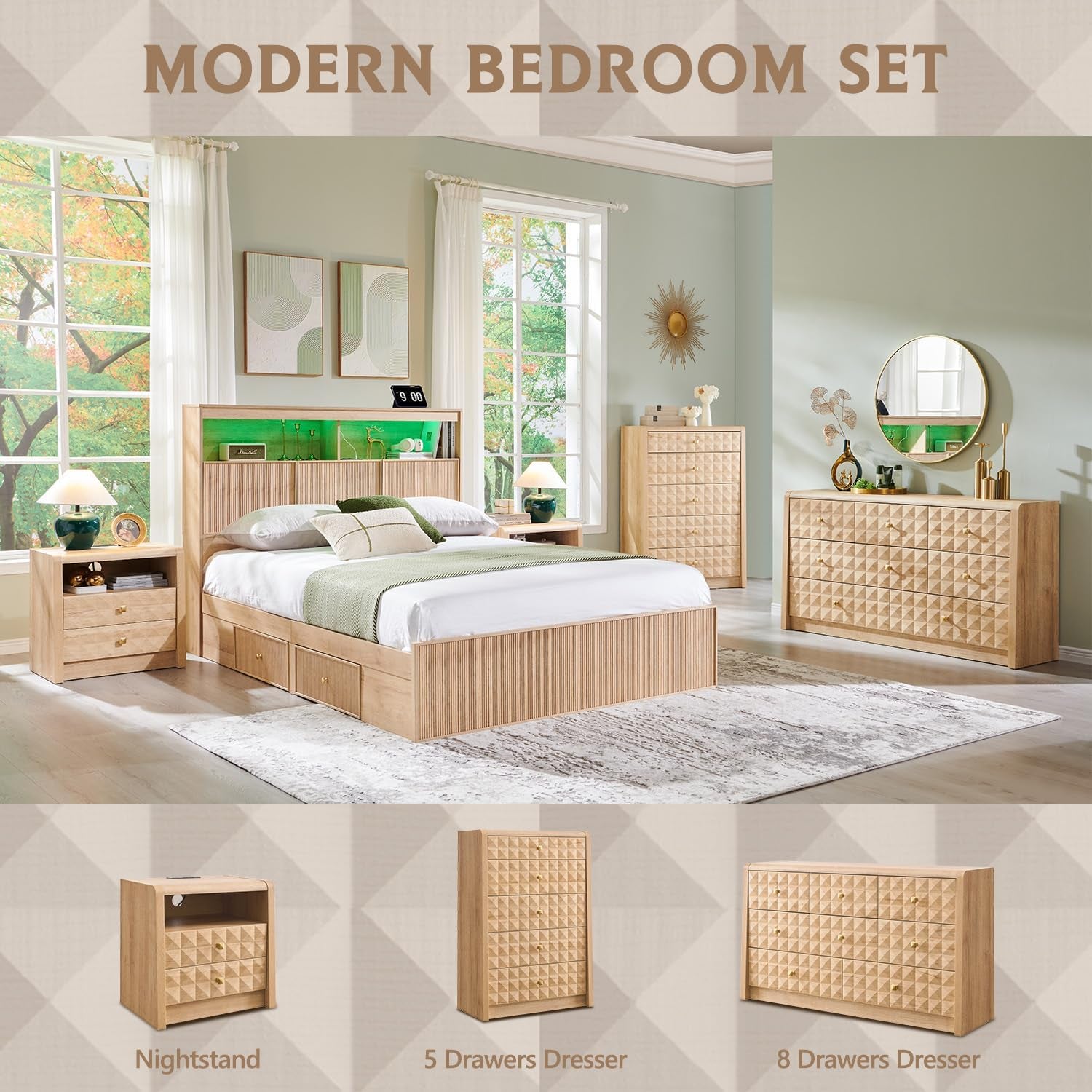 Modern 5 Drawer Dresser for Bedroom, Wooden Tall Dressers &Chests of Drawers W/Two Different Drawer Sizes, Mid Century Modern Dresser W/Diamond Panel Decorate for Bedroom, Curved Profile Design, White