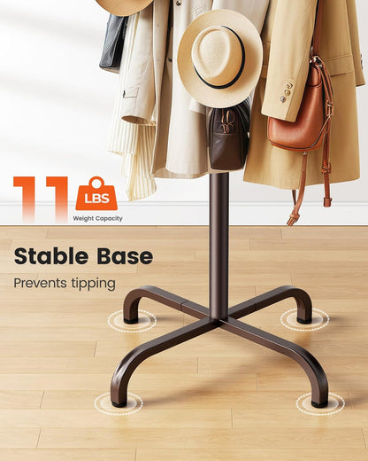 Coat Rack with 14 Hooks, Freestanding Coat Rack Stand for Entryway, Hallway, Bedroom, and Office, Metal Coat Tree & Hat Rack for Coats, Hats, and Bags, Brown