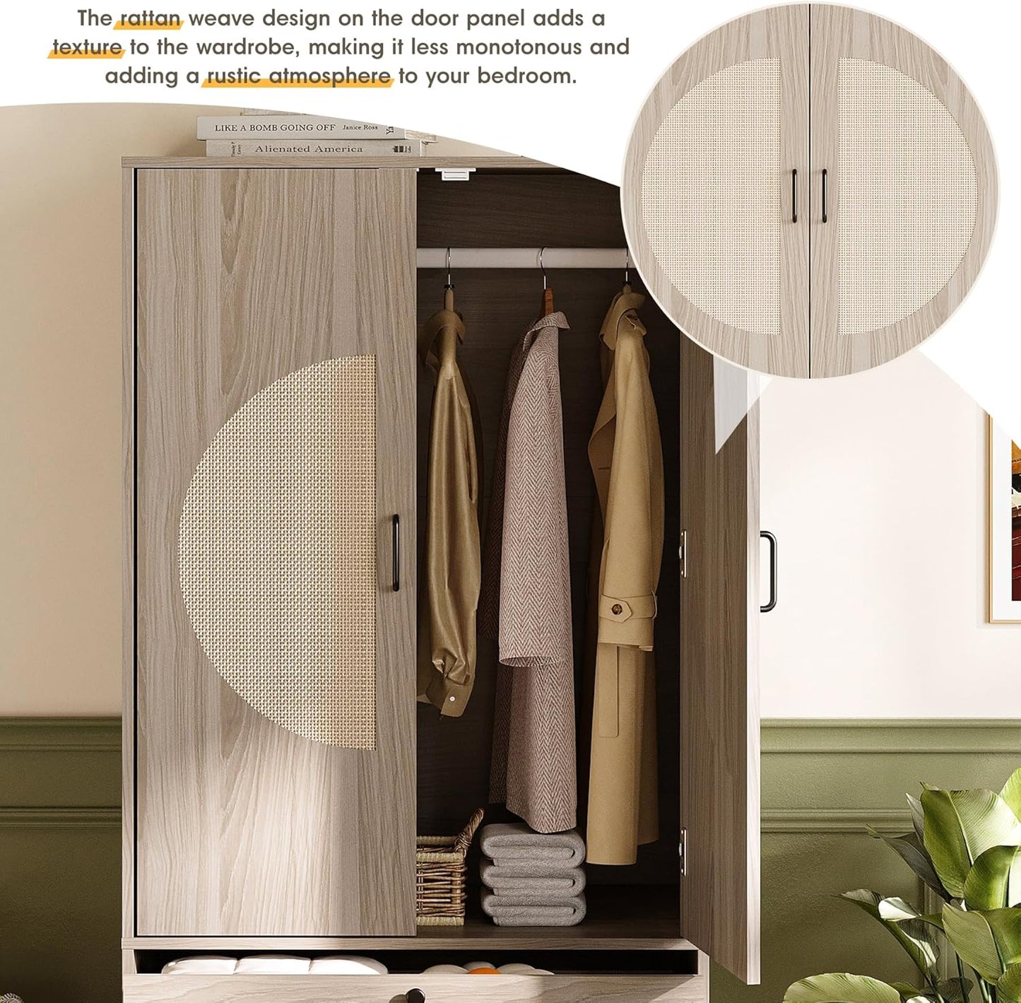 Modern Boho Wardrobe Closet Wiht 2 Drawers, 65" H Large Wooden Bedroom Armoires with Rattan Door & Hanging Rod, Freestanding Clothing Storage Cabinet for Dormitory, Apartment, Cloak Room