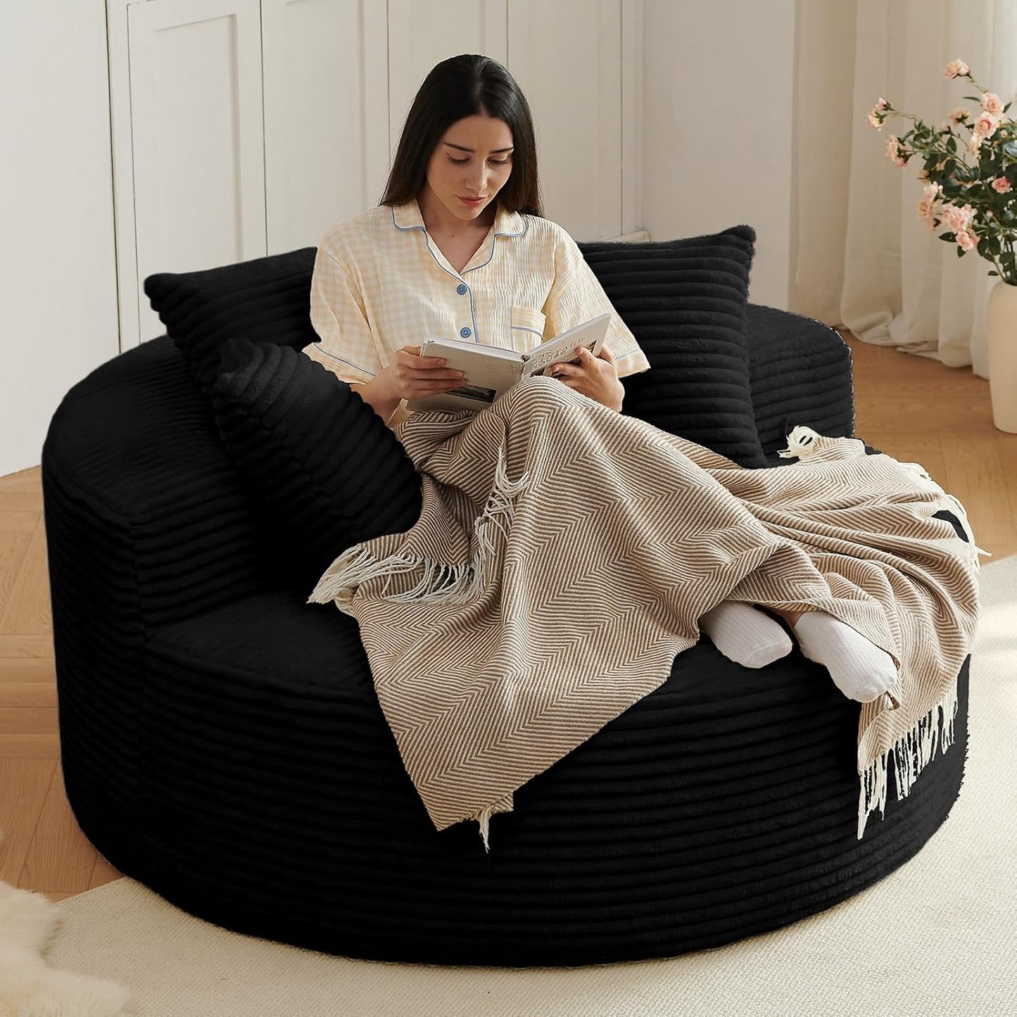 Oversized round Chair Lounge Chaise Indoor, Upholstered Corduroy Deep Seat Cloud Large Circle Sofa Chair, No Assembly Required, Fluffy Modern Sleeper Sofa Bed for Reading, Living Room, Bedroom, Black