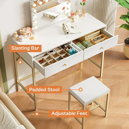 35.4" White and Gold Desk with 2 Drawers, Modern Makeup Vanity with Padded Stool, Small Computer Desk Home Office Desk for Writing Study Bedroom