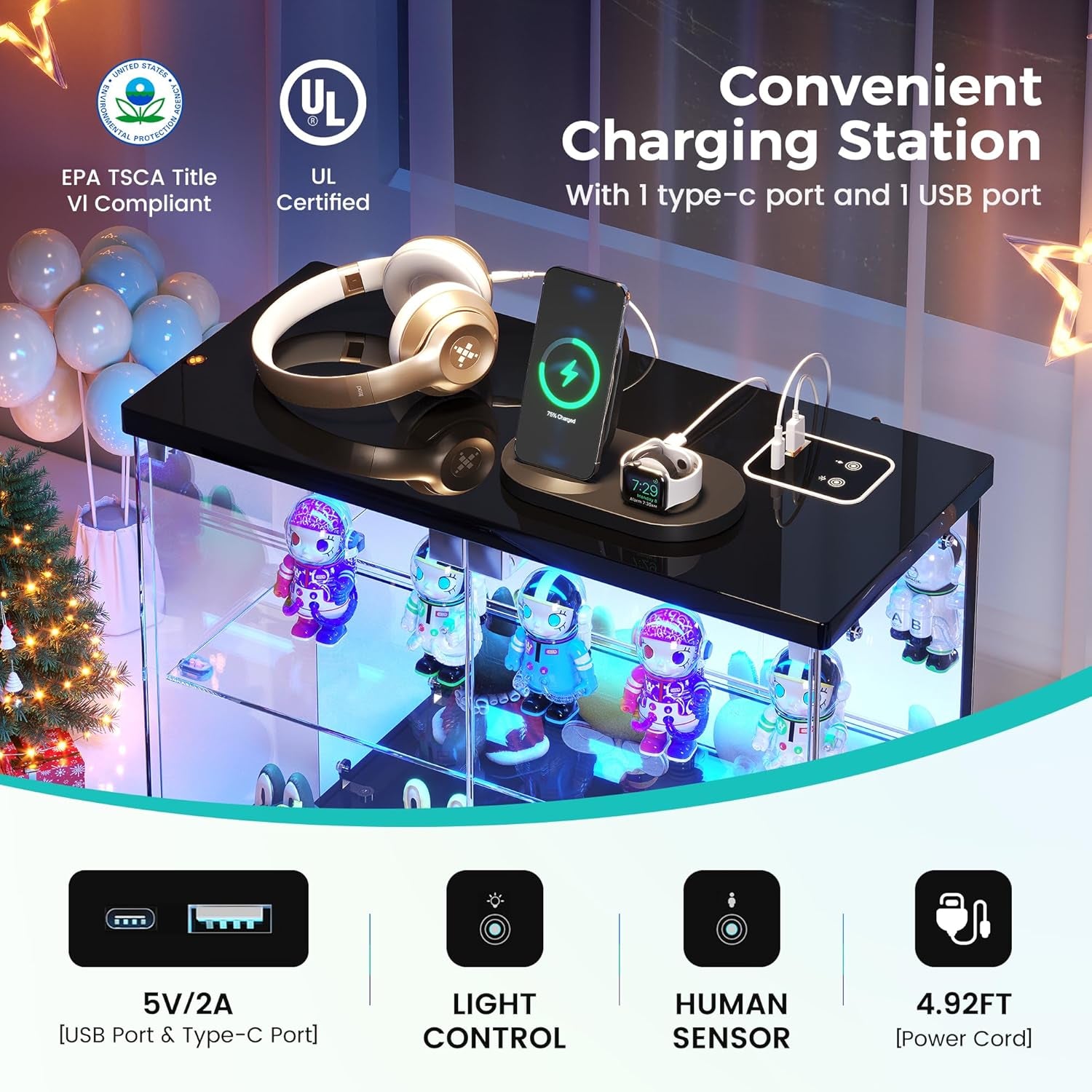 Lighted Clear Glass Display Case - for Figures & Collectibles, Small 2-Tier Display Cabinet with Charging Station, LED Display Box with Lights & Human Sensor, for Model Car, Perfume, Black