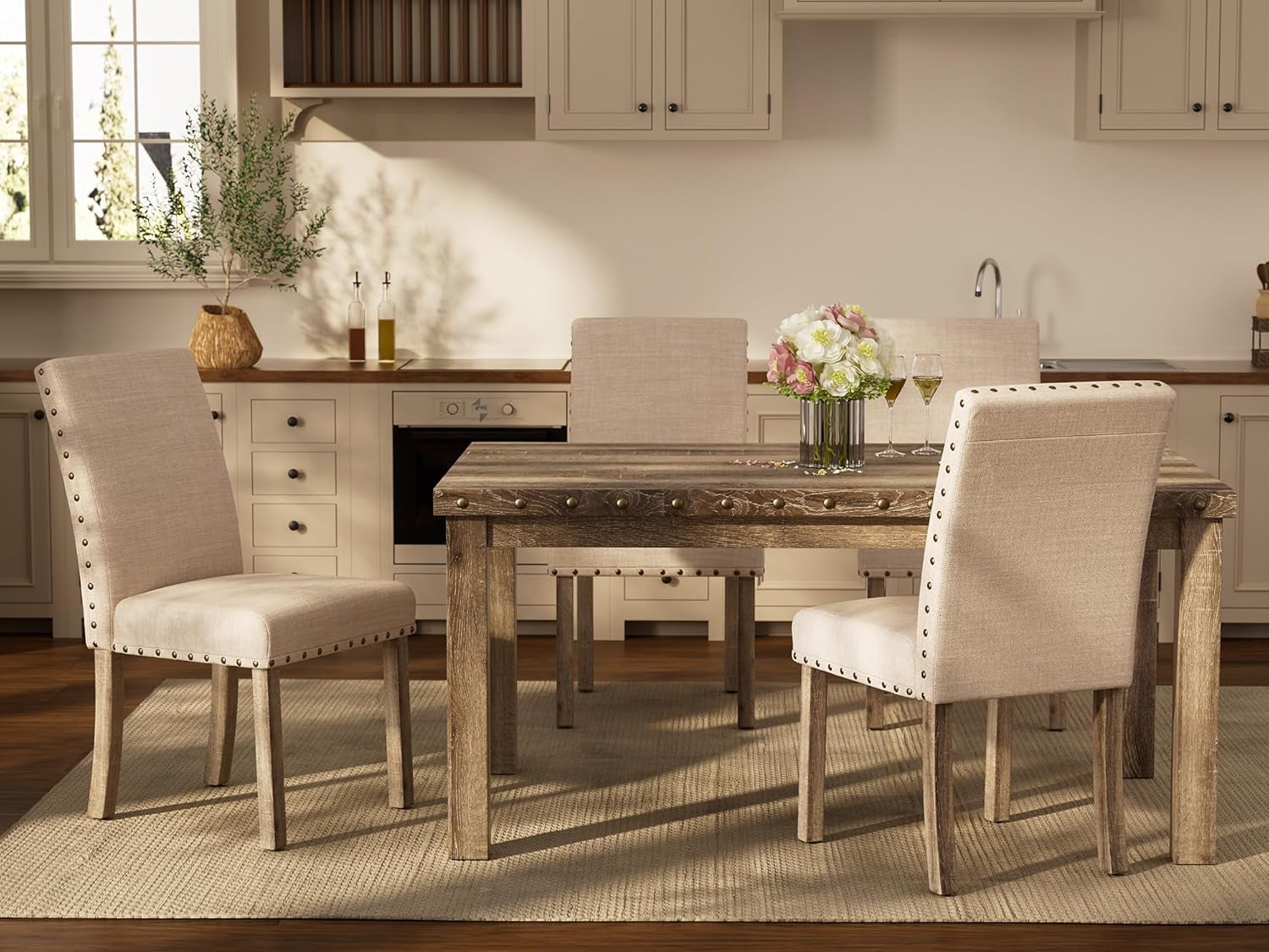 Farmhouse Dining Set for 4, 60" Rectangular Wooden Table & 4 Upholstered Chairs with Nailhead Accents, 5-Piece Kitchen Table Set for Dining Room, Breakfast Nook, Antique Rustic