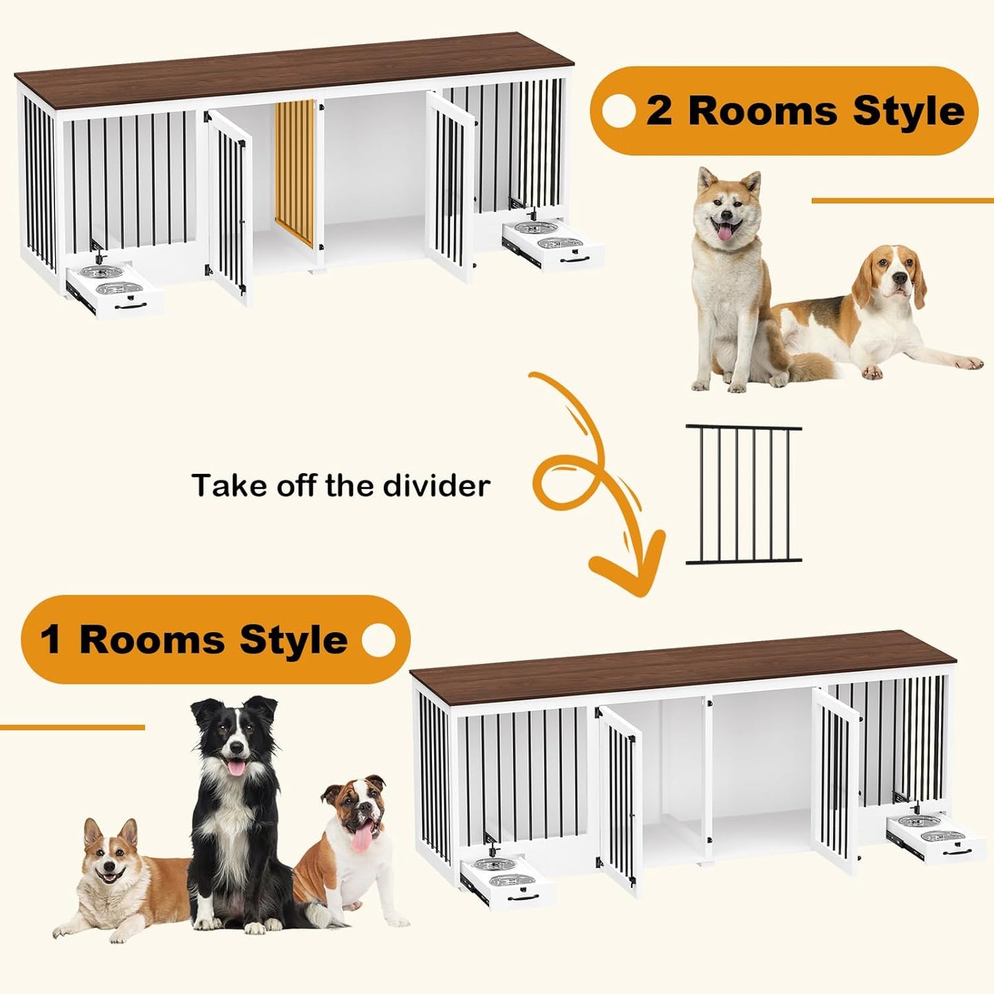 Furniture Style Large Dog Crate for 2 Dogs, 86.6" Heavy Duty Wooden Dog Kennel with Dog Bowl Drawers & Divider, Indoor Furniture Style Dog Kennel for Large Medium Dogs, White