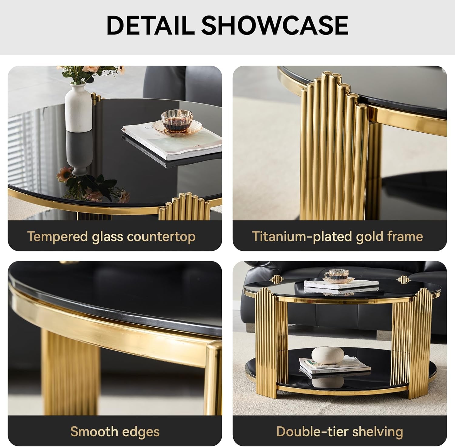 Round Living Room Table Set of 3 Include 1 Coffee Table and 2 End Tables, Black Tempered Glass Top, Sturdy Steel Frame, Gold Finish & Lower Shelf, Black Gold Coffee End Table Set for Living Room