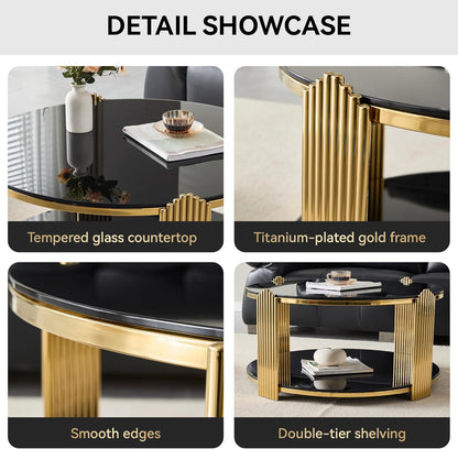 Round Living Room Table Set of 3 Include 1 Coffee Table and 2 End Tables, Black Tempered Glass Top, Sturdy Steel Frame, Gold Finish & Lower Shelf, Black Gold Coffee End Table Set for Living Room