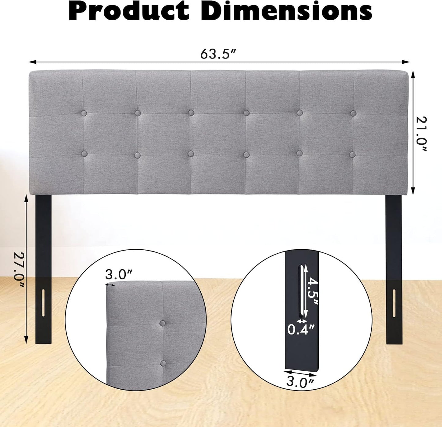 Linen Upholstered Headboard, Adjustable Width Button Tufted Headboard Only with Solid Wood Legs, Attach Frame, Rectangular Headboard for Queen Full Size Bed, Gray