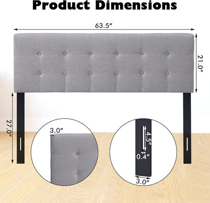 Linen Upholstered Headboard, Adjustable Width Button Tufted Headboard Only with Solid Wood Legs, Attach Frame, Rectangular Headboard for Queen Full Size Bed, Gray
