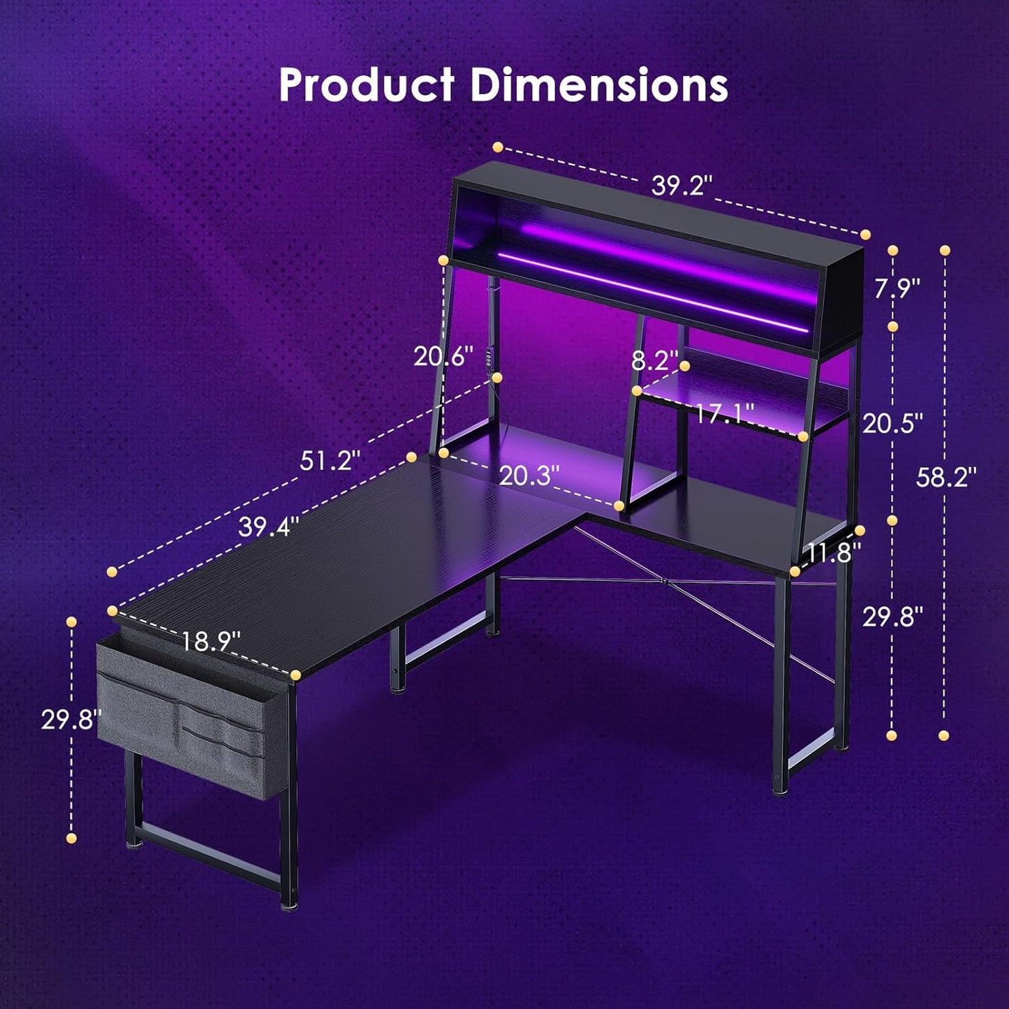 L Shaped Gaming Desk with Led Lights, 51 Inch Reversible Gaming Computer Desk with Display Shelves, PC Gamer Desk Gamer Table with Storage Bag, L Desk for Game, Black