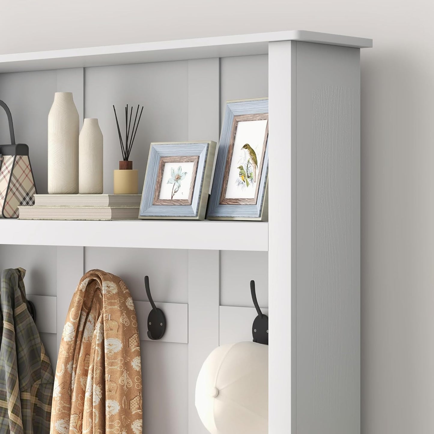 42" 3-In-1 Entryway Hall Tree with Storage Bench, Coat Rack with Six Hooks, Shoe Storage and Top Shelf, White
