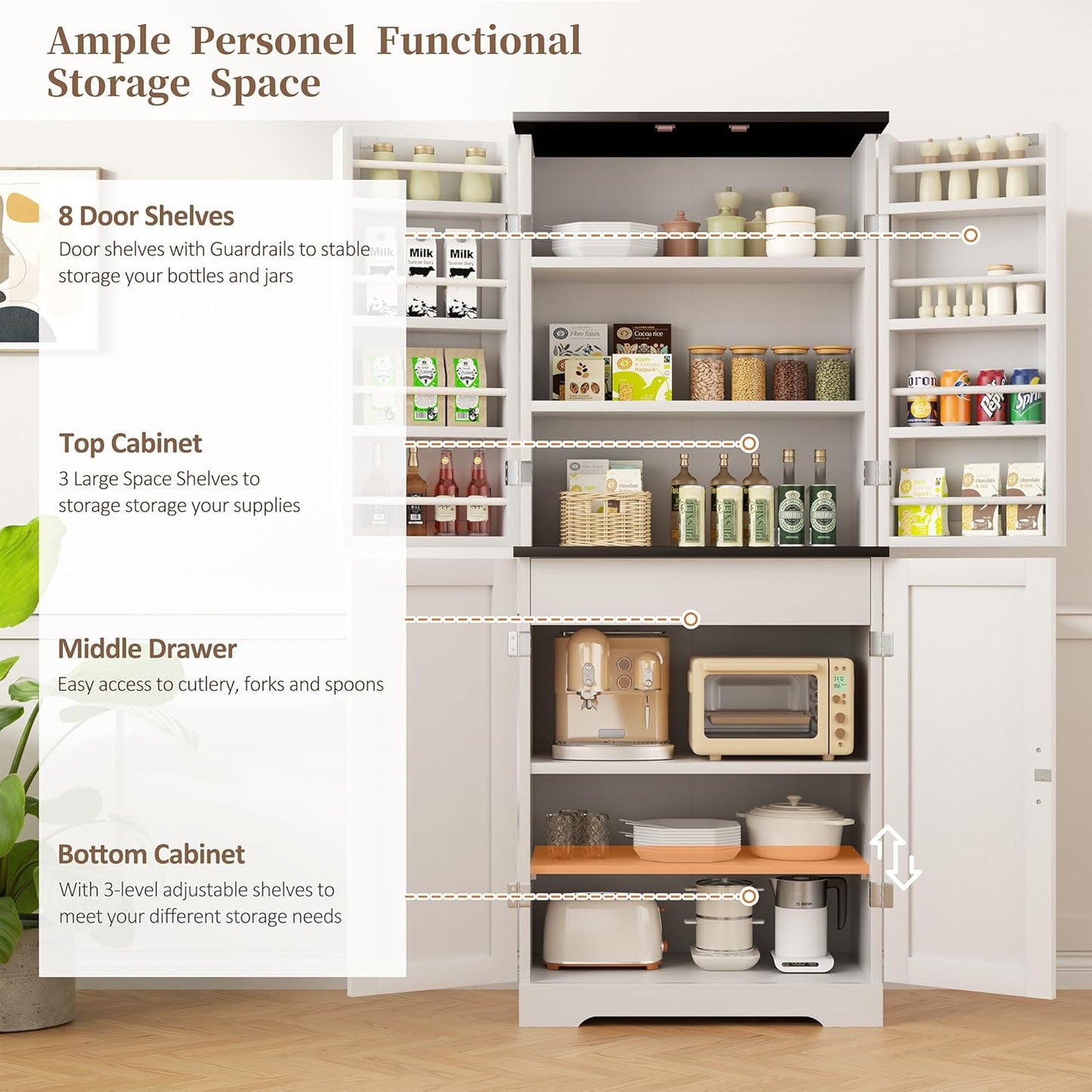 Kitchen Pantry Cabinet, Freestanding Farmhouse Storage Cabinet with 8 Door Shelves, 2 Cabinets and 1 Drawer, Tall Cupboard for Kitchen, Living Room, Dining Room and Bathroom, White