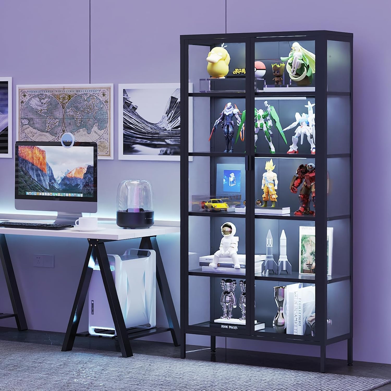 71" H Display Cabinet with Glass Doors,Display Case with LED Sensor Lights,Glass Display Cabinet with Adjustable Shelves and Feet,Display Cabinets for Living Room/Bedroom/Kitchen