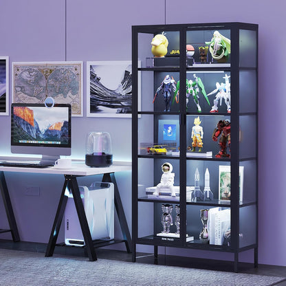71" H Display Cabinet with Glass Doors,Display Case with LED Sensor Lights,Glass Display Cabinet with Adjustable Shelves and Feet,Display Cabinets for Living Room/Bedroom/Kitchen
