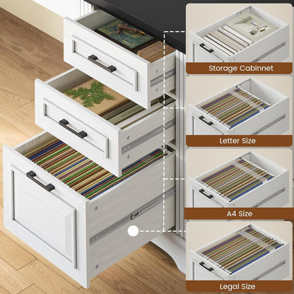 Farmhouse 55" Executive Desk, Computer Desk with Storage Drawers and Power Outlet, Home Office Desk, Workstation for Office Home, White
