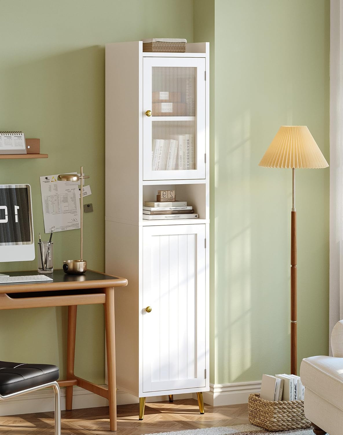 69'' Tall Bathroom Storage Cabinet with 2 Adjustable Shelves, White 6 Tier Narrow Bathroom Cabinet with 2 Doors, Slim Linen Cabinets for Brathroom,Home Office