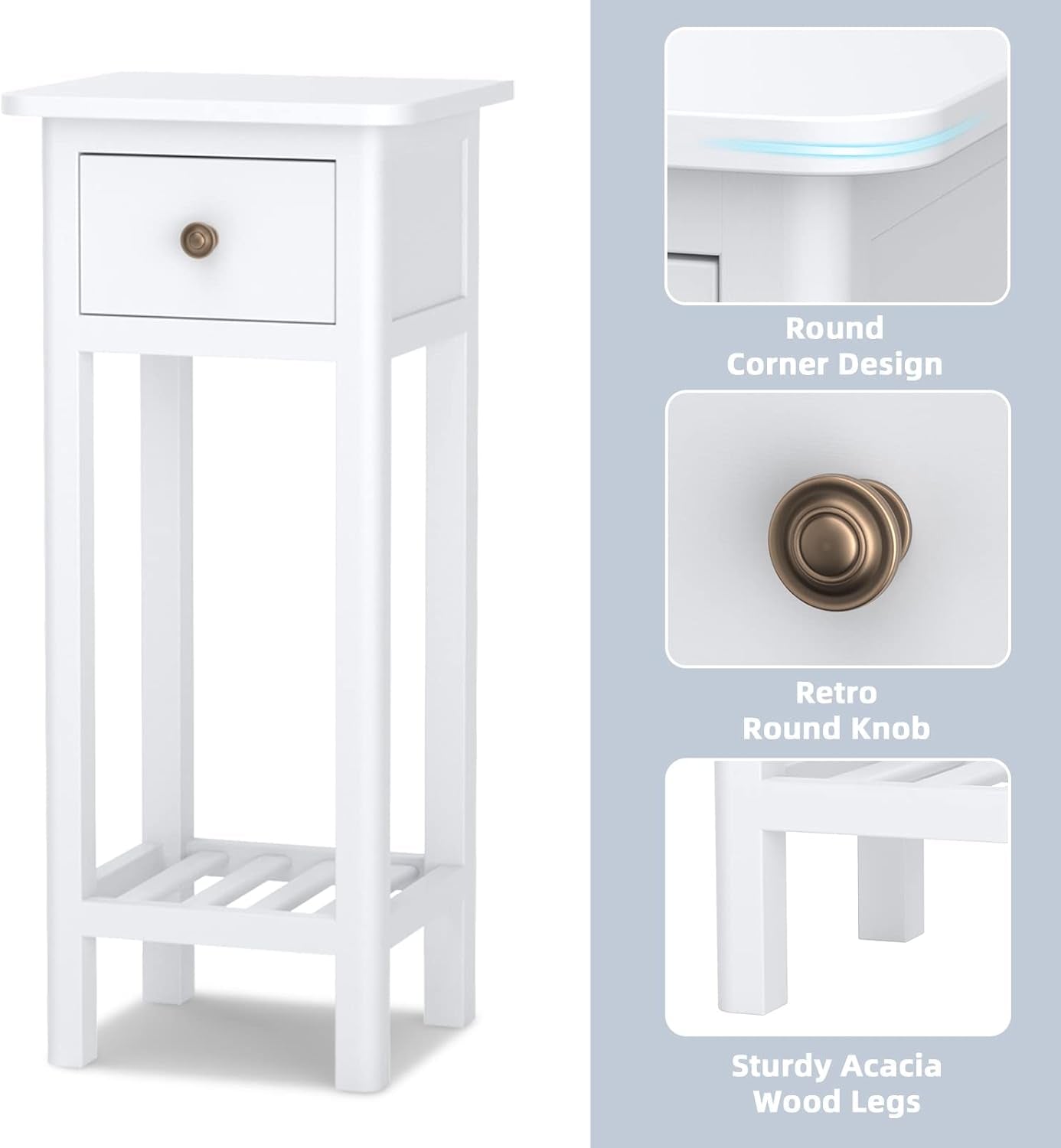 Tall End Table, Narrow Side Table with Drawer and Shelf, Acacia Wood Nightstand for Living Room, 2-Tier Bedside Table for Small Space, No Assembly, White