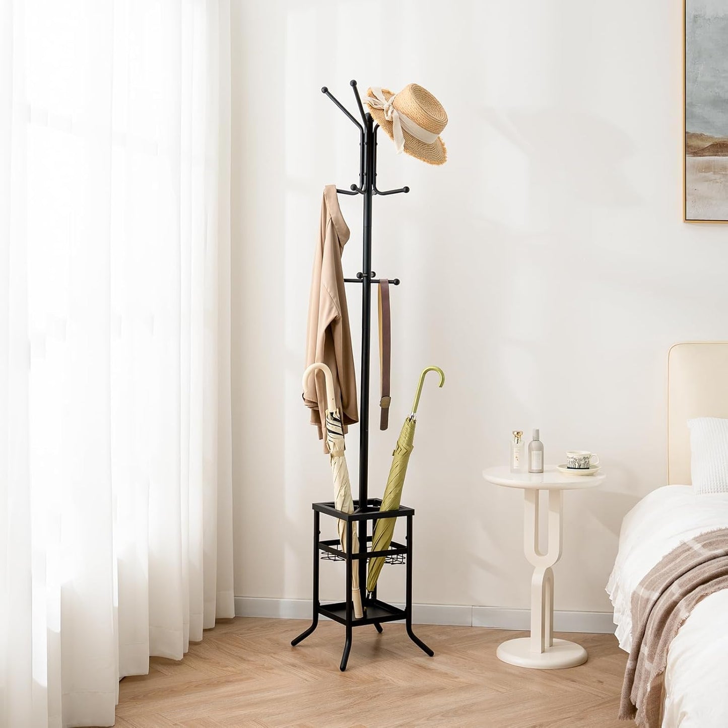 Coat Rack Freestanding - Coat Tree with Umbrella Holder, Metal Coat Rack Stand with 12 Hooks, Modern Coat Hanger Stand for Entryway, Purse Rack Hat Rack Stand for Living Room Bedroom Office