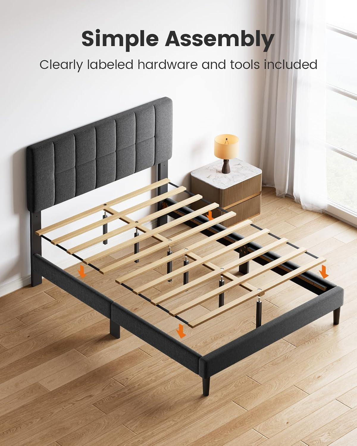 Queen Bed Frame with 12 Thickened Legs&Fabric Upholstered Headboard,1300 Lbs Strong Weight Capacity, Adjustable Headboard, No Box Spring Needed, Easy Assembly, Underbed Storage（Solid Wooden）