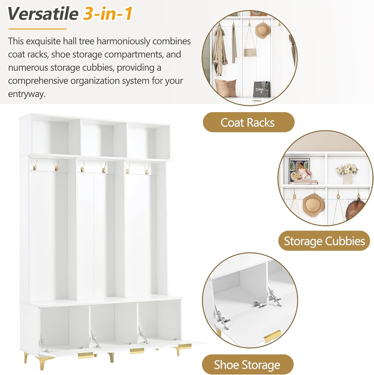 49.6" Hall Tree with Bench and Shoe Storage,Modern Entryway Cabinet with High Gloss Fluted Doors & Open Shelves,5-In-1 Coat Rack W/ 6 Gold Hooks and Legs for Hallway,White