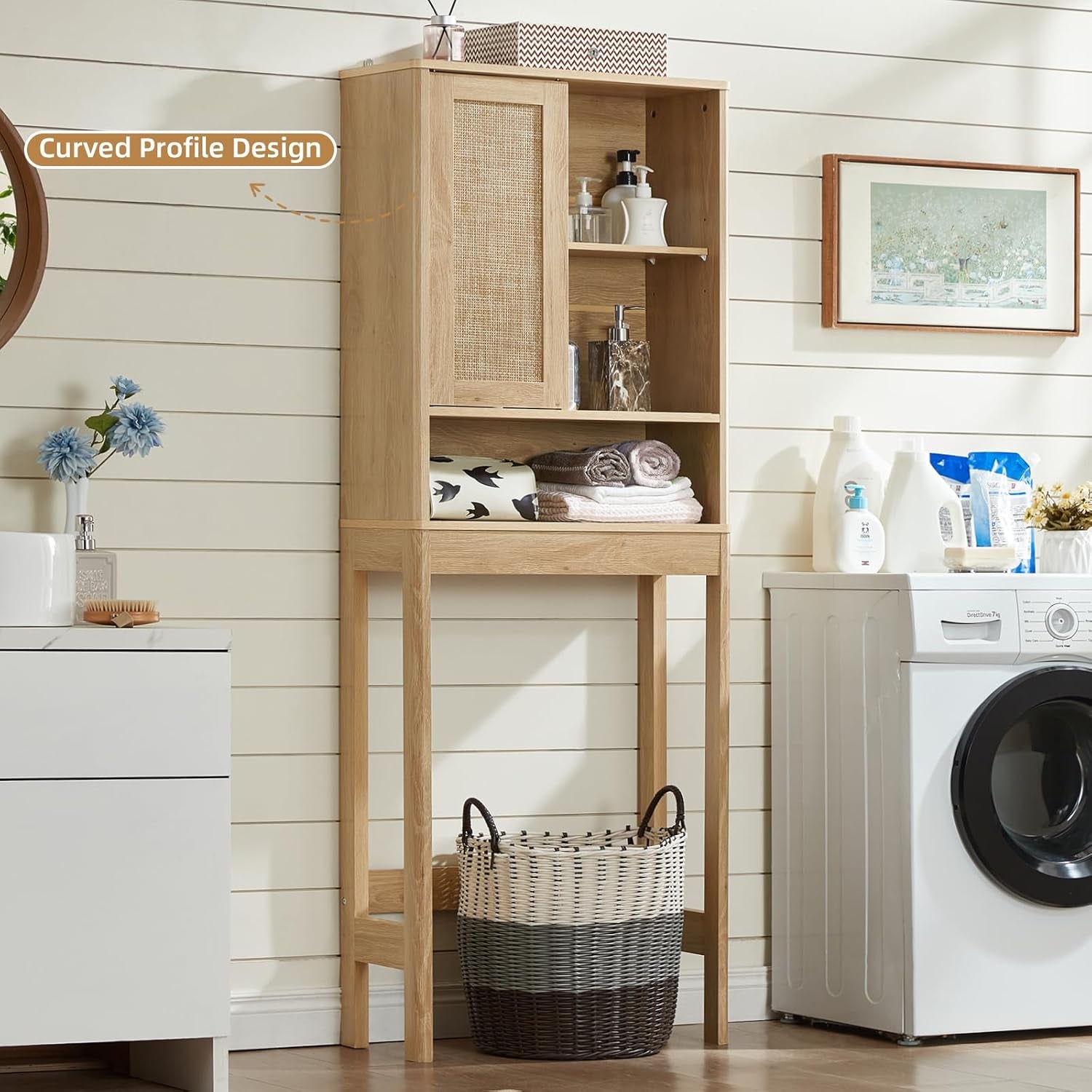 over the Toilet Storage Cabinet with Rattan Sliding Door, 68" Tall Wood above Toilet Bathroom Organizer W/Adjustable Shelf & Curved Profile, Space Saver Freestanding Washer Shelf, Natural