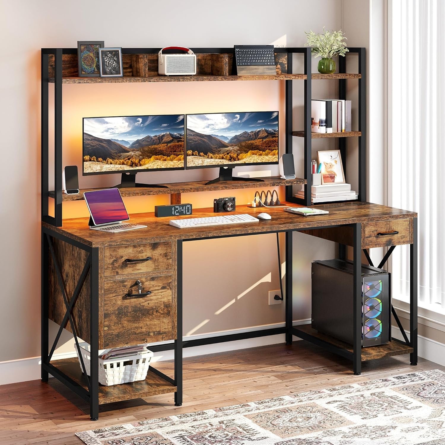 Computer Desk with Drawers & Hutch, 59.1" Office Desk with Power Outlets & LED Lights, Home Office Desk with Storage Shelves, Rustic Brown