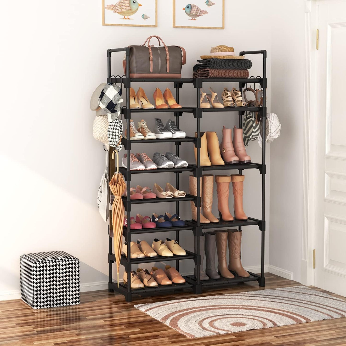 Shoe Rack Organizer, 8-Tier Metal Shoe Rack for Closet Entryway Garage, 26-32 Pairs Tall Shoe Boot Storage Shelf with 15 Hooks, Stackable Large Shoe Stand
