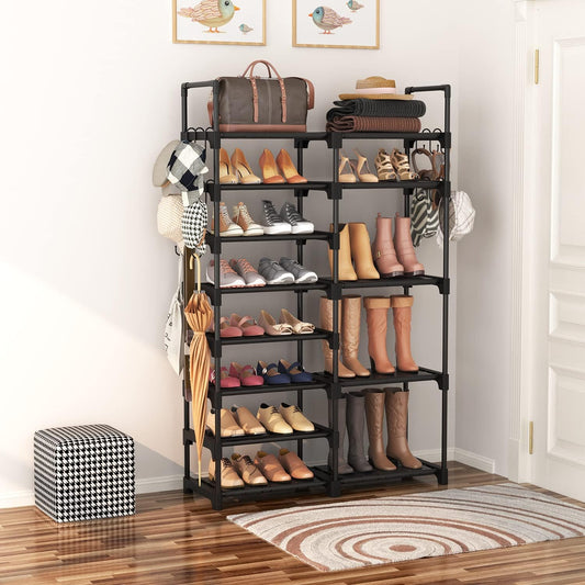 Shoe Rack Organizer, 8-Tier Metal Shoe Rack for Closet Entryway Garage, 26-32 Pairs Tall Shoe Boot Storage Shelf with 15 Hooks, Stackable Large Shoe Stand