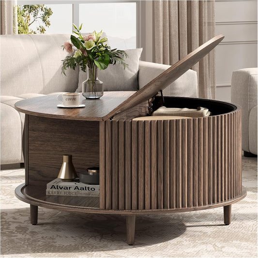 ,Round Coffee Table with Storage, 31.5" Fluted Center Table for Living Room, Modern Walnut Wood Circle Drum Table with Sliding Cabinet Door, Mid Century Furniture for Small Space