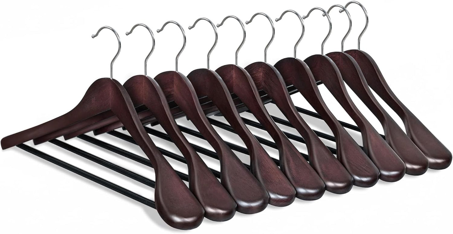 Extra Wide Wooden Suit Hangers, Set of 10 Clothes Hangers, Swivel Hooks, Non-Slip Bars, for Outfits, Suits, Coats, Shirts, Dresses, Mahogany UCRW050MZ01
