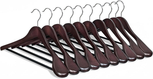 Extra Wide Wooden Suit Hangers, Set of 10 Clothes Hangers, Swivel Hooks, Non-Slip Bars, for Outfits, Suits, Coats, Shirts, Dresses, Mahogany UCRW050MZ01