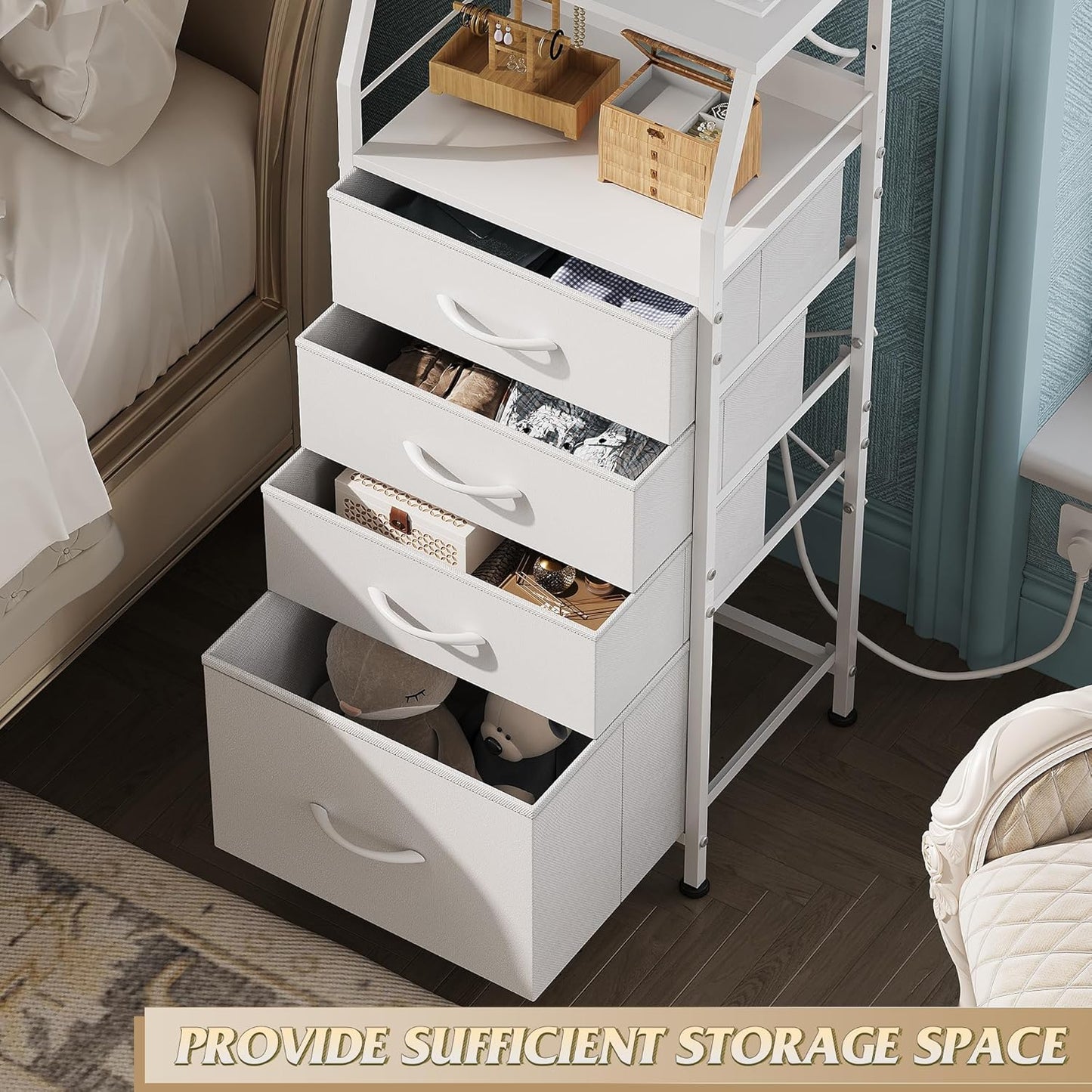 Night Stand with Charger Station, White Nightstand with LED Light and 4 Storage Drawers, Tall Dresser for Bedroom, 37.48" H Bedside Table with Fabric Bins, Wood Shelf