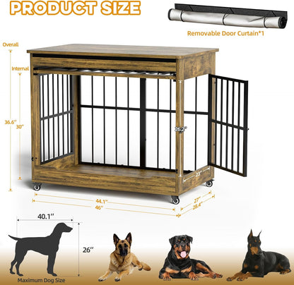 32" Dog Crate Furniture, Double Door Wooden Indoor Dog Kennel Furniture, Decorative Pet Cage End Table with Wheels for Medium and Small Breed Dogs, Size M, Rustic Brown
