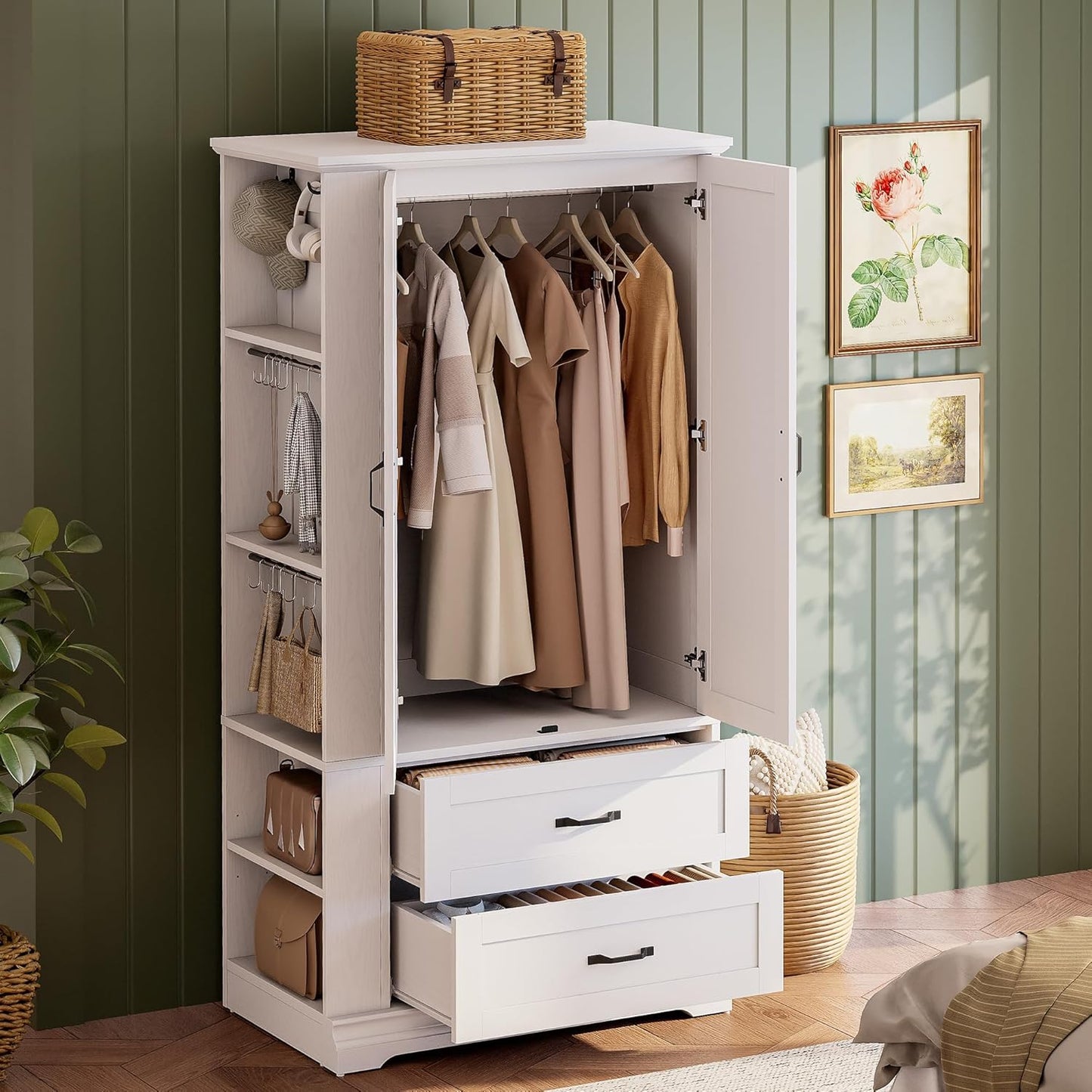 Armoire Wardrobe Closet, 70.87" H Wooden Bedroom Armoire with 2 Louvered Doors, 2 Drawers and Shelves, Large Freestanding Clothing Storage Cabinet, White