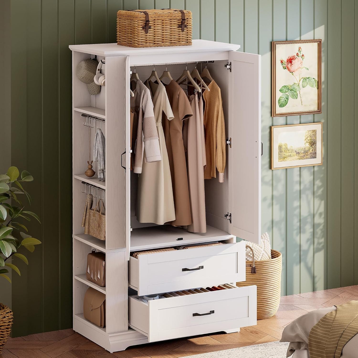Armoire Wardrobe Closet, 70.87" H Wooden Bedroom Armoire with 2 Louvered Doors, 2 Drawers and Shelves, Large Freestanding Clothing Storage Cabinet, White