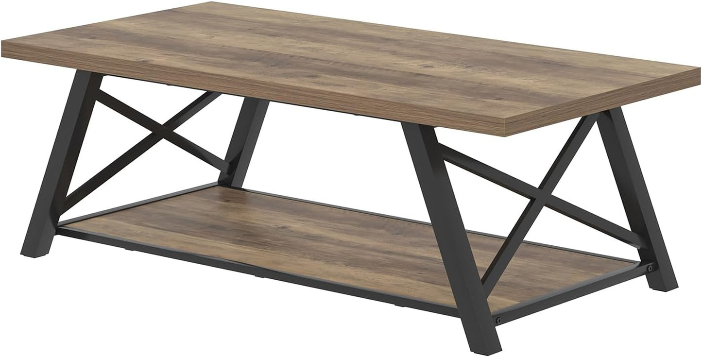 Modern Coffee Table, Rectangle Center Table for Living Room with Storage Shelf, Industrial Wood and Metal Cocktail Tea Table, Rustic Oak, 47 Inch