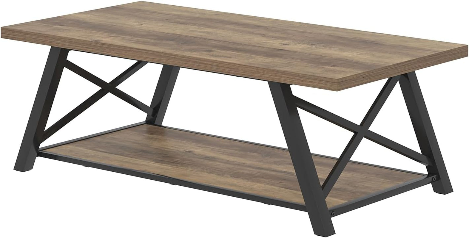 Modern Coffee Table, Rectangle Center Table for Living Room with Storage Shelf, Industrial Wood and Metal Cocktail Tea Table, Rustic Oak, 47 Inch