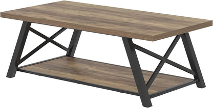Modern Coffee Table, Rectangle Center Table for Living Room with Storage Shelf, Industrial Wood and Metal Cocktail Tea Table, Rustic Oak, 47 Inch