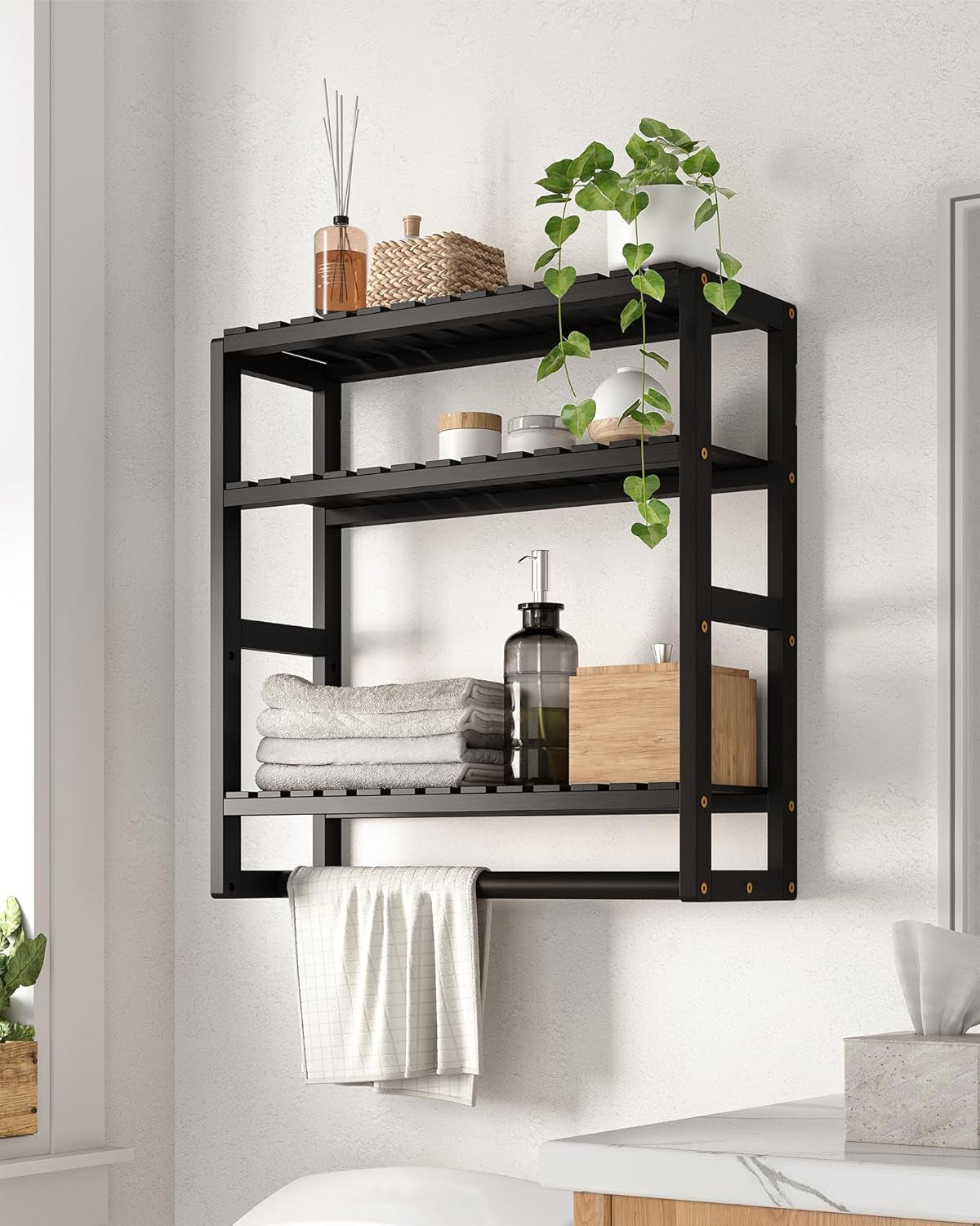 Over the Toilet Storage Bathroom Shelves Wall Mounted 3 Tier Space Saver Corner Shelf Organizer Bamboo Towel Rack Toilet Paper Cabinet with Hanging Rod Black