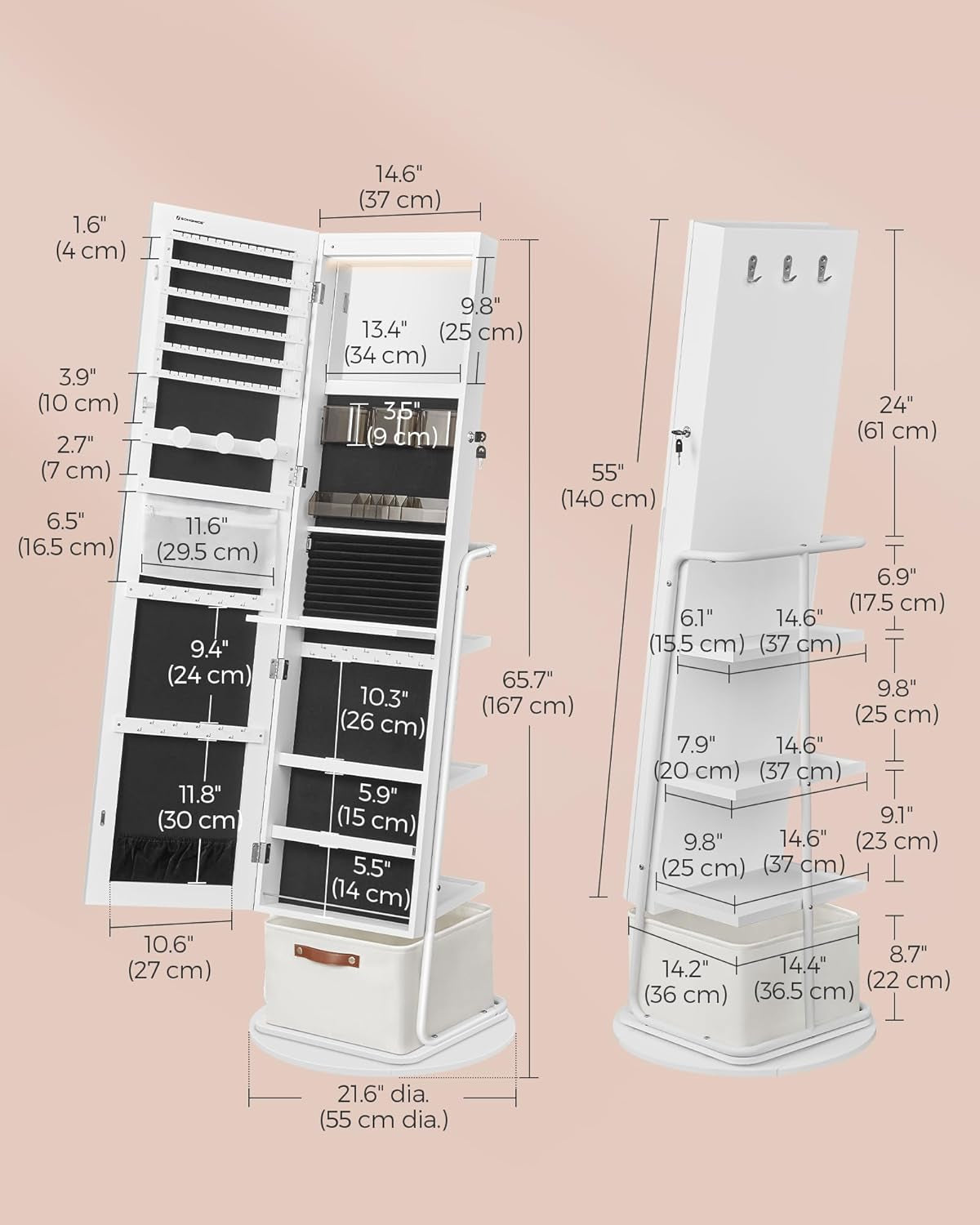 360° Swivel Mirrored Jewelry Cabinet with Lights, Full-Length Mirror with Jewelry Storage, Standing Jewelry Armoire Organizer, with Large Storage Basket, Makeup Shelf, Cloud White UJJC018W01