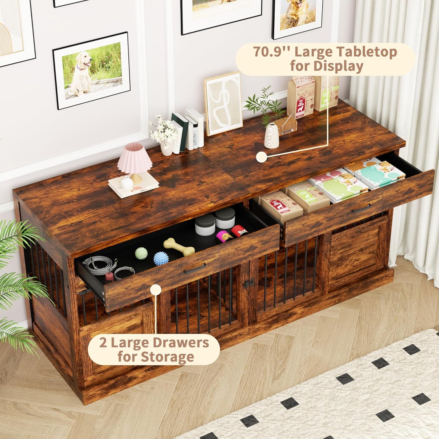 71 Inches Extra Large Dog Crate Furniture Indoor Wooden Dog Kennel Furniture Heavy Duty Dog Crates TV Stand with Removable Divider for 2 Large Medium Small Dogs Black