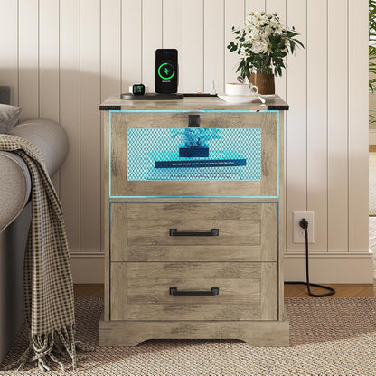 Farmhouse Night Stand with LED Lights and Charging Station, Rustic Oak Nightstand with 2 Drawers, and Cubby with Wire Mesh Door, Bedside End Table for Bedroom