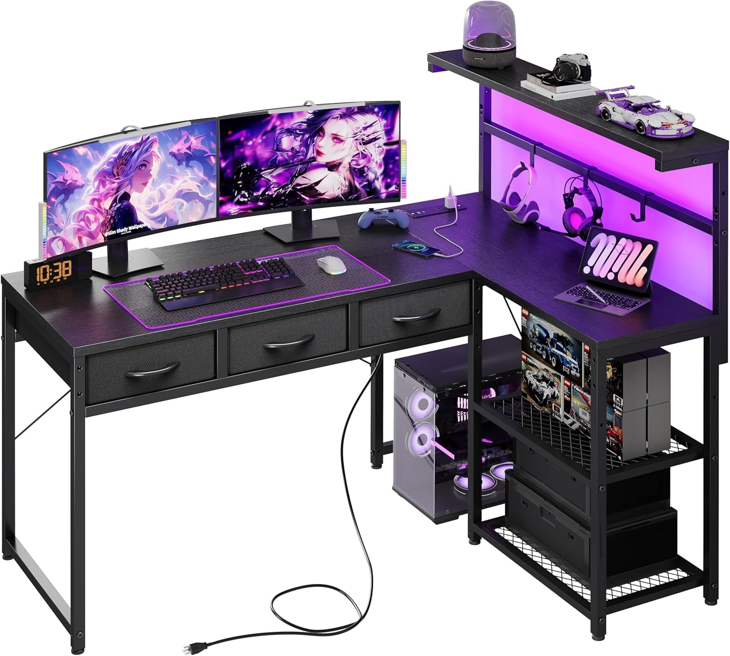 50 Inch L Shaped Gaming Desk with 3 Drawers & Storage Shelves & Hutch, Computer Desk with USB Ports, Study Writing Table for Bedroom, Simple Modern Laptop Desk for Home Office, Black