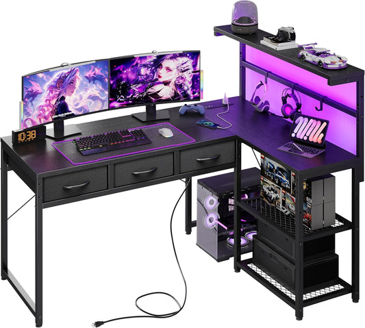 50 Inch L Shaped Gaming Desk with 3 Drawers & Storage Shelves & Hutch, Computer Desk with USB Ports, Study Writing Table for Bedroom, Simple Modern Laptop Desk for Home Office, Black