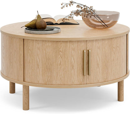 Coffee Table for Living Room, Modern round Coffee Table with Cabinets & Sliding Doors, Home Small Space, 29.9" Fluted Center Table, Natual