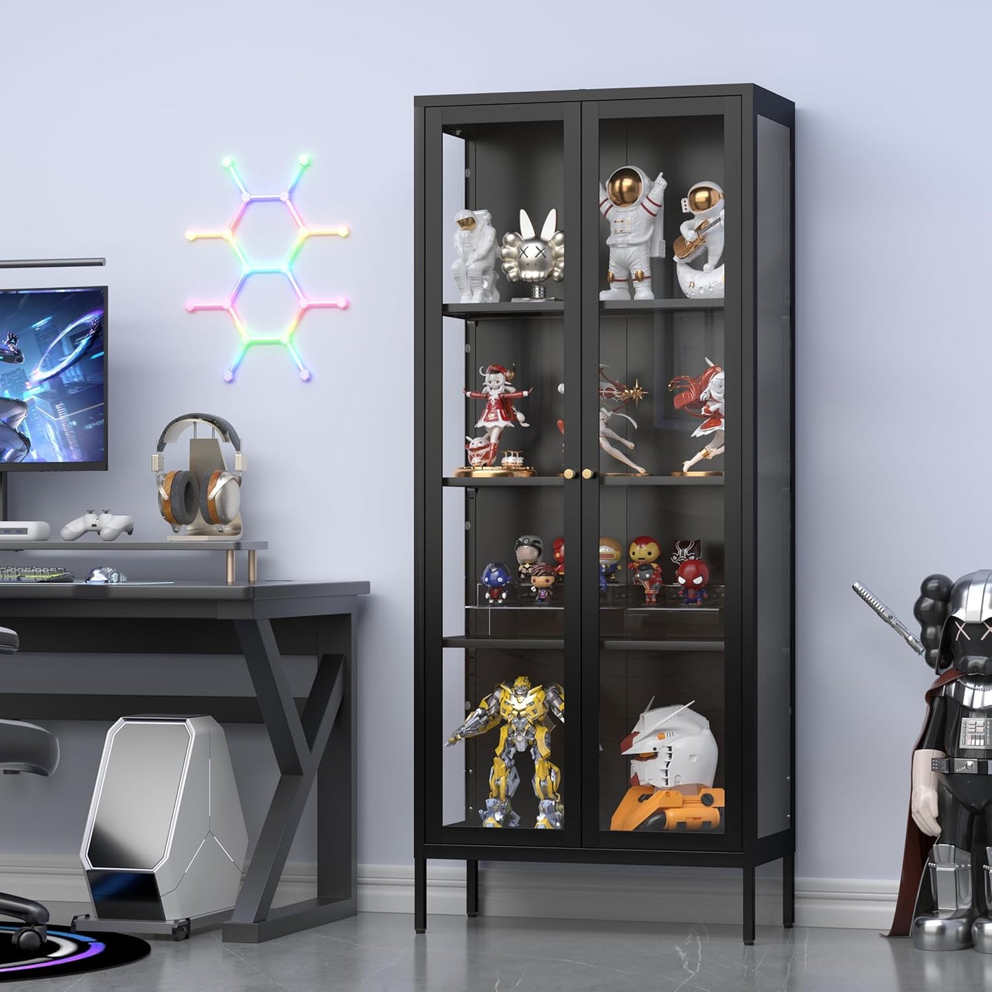 Glass Display Cabinet 4-Tier, Display Cabinet with Glass Doors, Curio Cabinet with Tempered Glasses Doors,Metal Storage Cabinets for Living Room, Plant, Assembly Required, Black