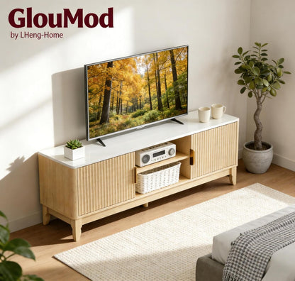 Mid Century TV Stand for Living Room, 55 Inch TV Console with Storage & Cable Holes, Entertainment Center for 32-60 Inch Tvs, Modern TV Furniture with Fluted Doors & Adjustable Shelf, Natural Wood