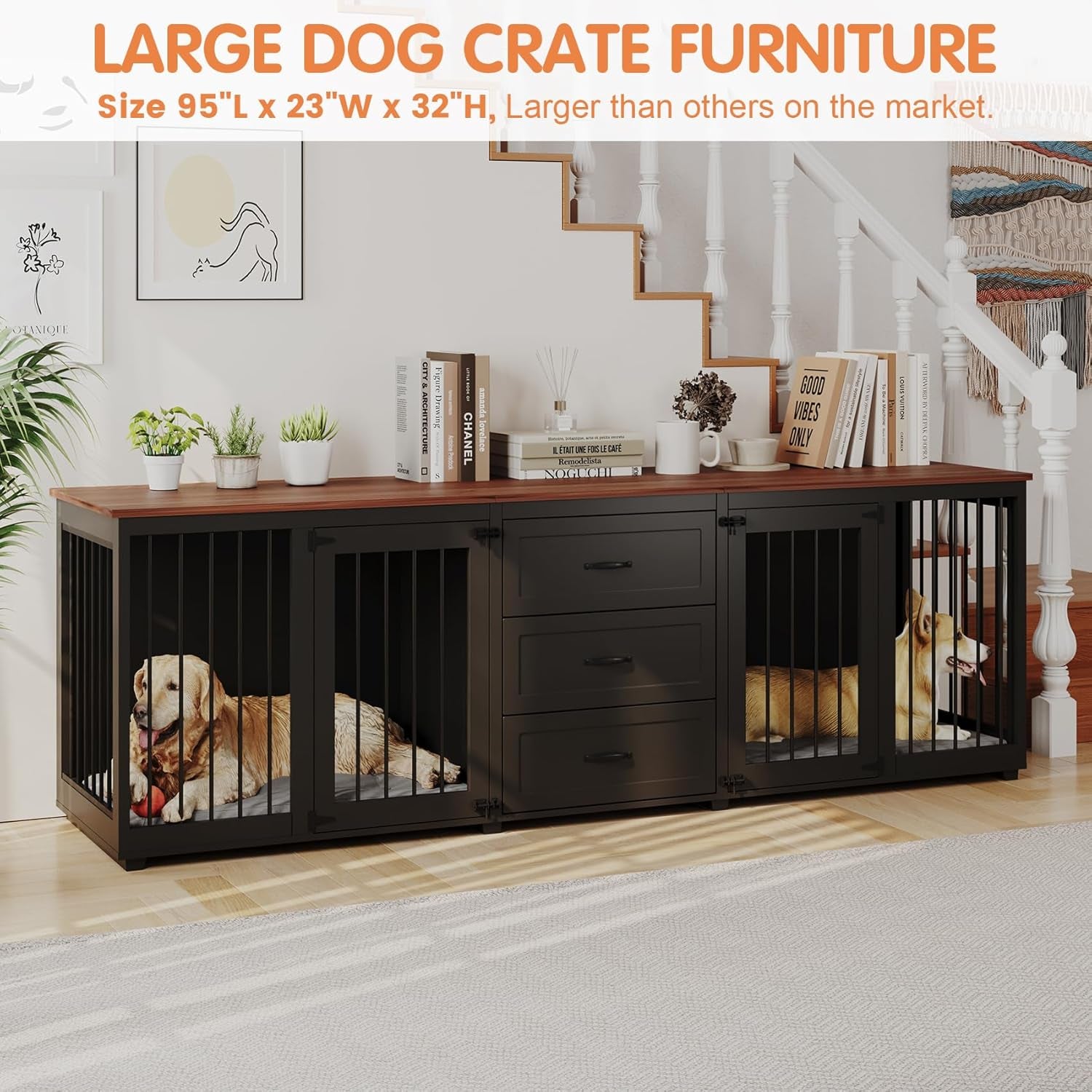 Dog Crate Furniture, Indoor Wooden Farmhouse Dog Kennel Furniture with 3 Drawers & 2 Lockable Doors, 95"X23.6"X32"H, Black